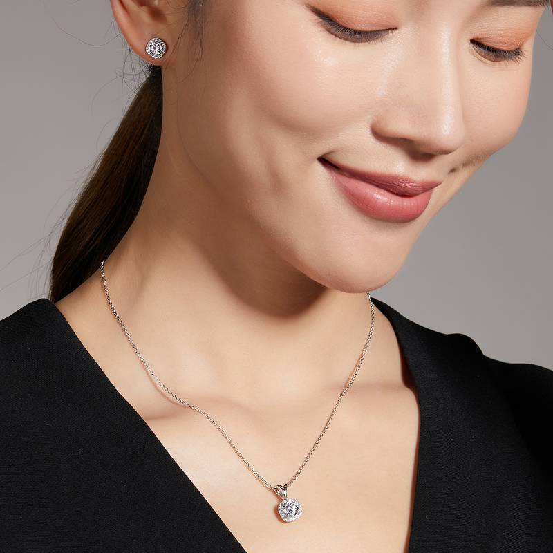 Classic方包S925银镀白金MoissanitePendantStud Earring套装